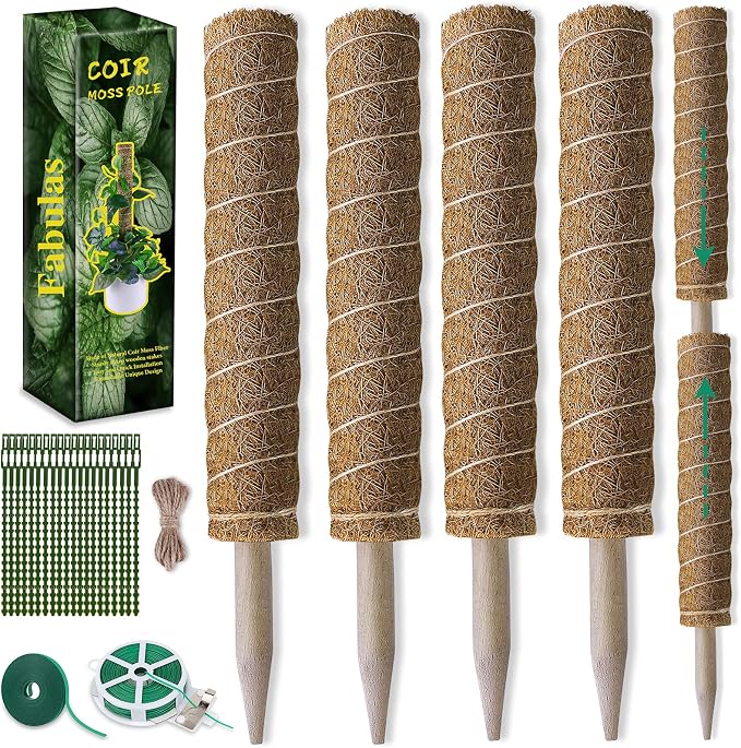 Fabulas Moss Pole 47.5 Inch - Monstera Plant Support, 4 Packs 16 Inch Plant Stakes for Indoor Plants Coco Coir Moss Pole Sticks for Climbing Potted Live Plants, Pothos, Philodendron, with Garden Ties