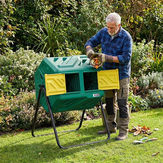 Werph 43 Gallon Compost Bin with Gloves, Fast Assembly & Easy Setup Outdoor Compost Tumbler, Updated Dual Chamber Tumbling Composter for Garden, Kitchen, and Yard Waste, Green