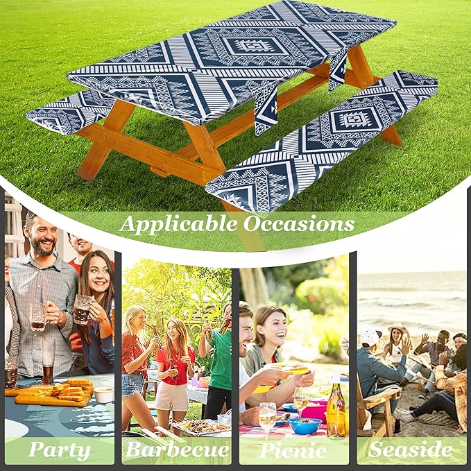 Fitted Picnic Table Cover with Bench Covers Waterproof Elastic Edges Rectangle Patio Tablecloth Outdoor Camping Essentials Stuff Rv Accessories Summer Trip Travel Camper Gifts for Woman Men, 96in 8 ft