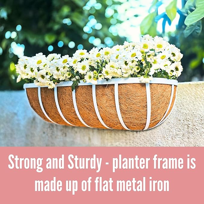 LaLaGreen Outdoor Planter Boxes (36 Inch, 2 Pack) White Metal Deck Railings Flower Box with Coco Liner, Rectangular Wall Planters for Window Plants Horse Troughs Fence Balcony Modern Herb Patio Porch