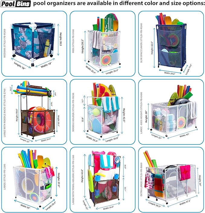 Pool Equipment Holder with Towel Drying Bars, Mesh Rolling Multi Use Storage Organizer Bin, Large Towel Hanger (25" L x 34.5" W x 62.6" H), Brown