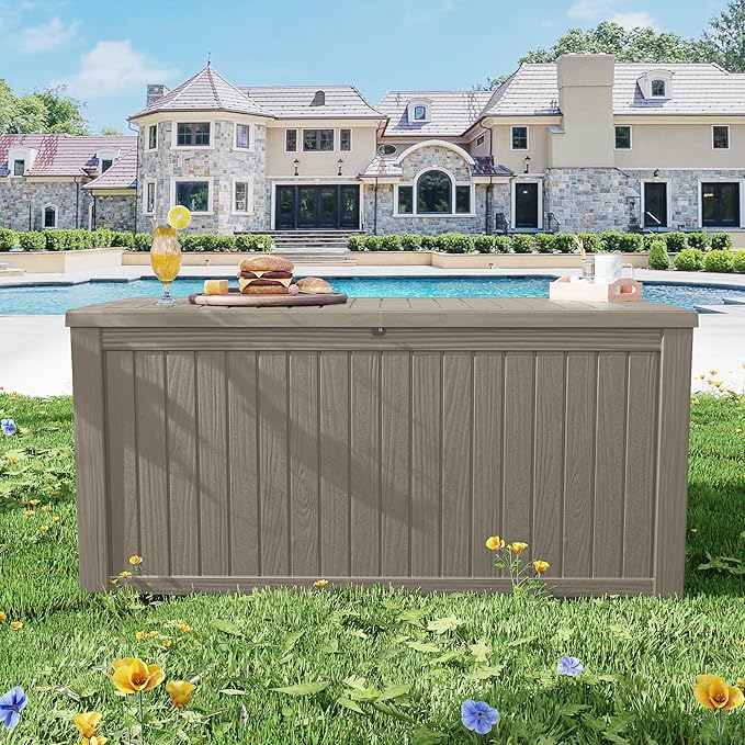 Outdoor Storage Box 205GAL Waterproof Resin Deck Box,Pool Accessories Supplies,UV-Resistant Lockable Package Delivery Bin for Garden Tools,Large Patio Outside Cushions,Chest,Furniture,Grey