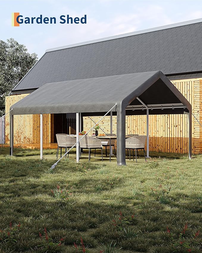 12x20 ft Portable Garage, Heavy Duty Carport with 200g PE Canopy, Roll-Up Doors and 4 Mesh Windows, 21 & 18 Galvanized Steel Frame, Outdoor Carport Shelter for Truck Boat SUV Tractor, Grey