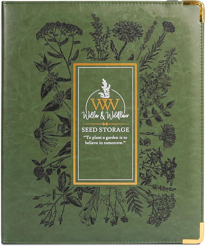 Create-ables Willow and Wildflower Garden Seed Organizer Binder, Seed Storage Organizer, Garden Binder Book for Packet Storage Catalog Can Store 120 Packets with Dibber and Widger (Moss Green)