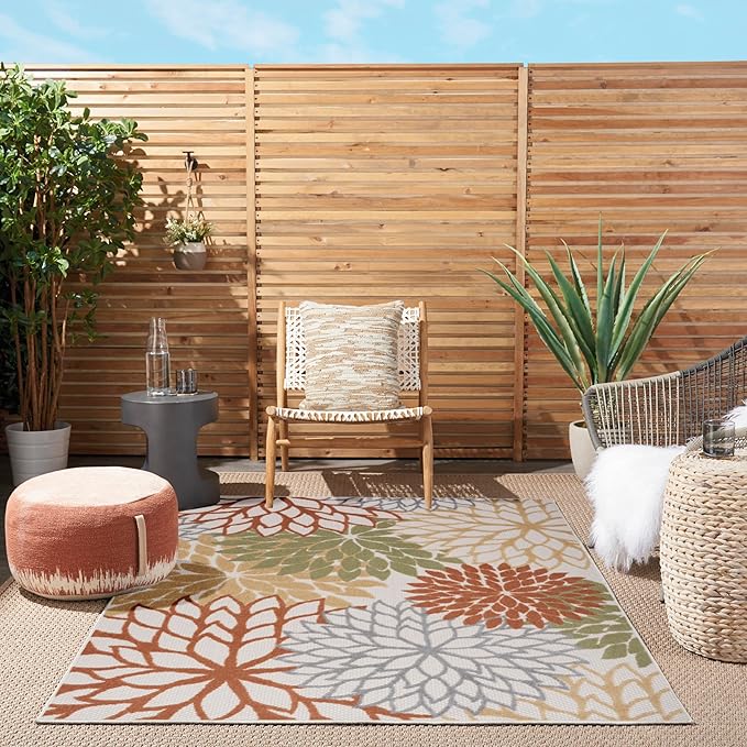 Nourison Home Aloha Indoor/Outdoor Ivory Multicolor 6' x 9' Area Rug, Easy Cleaning, Non Shedding, Bed Room, Living Room, Dining Room, Backyard, Deck, Patio (6x9)