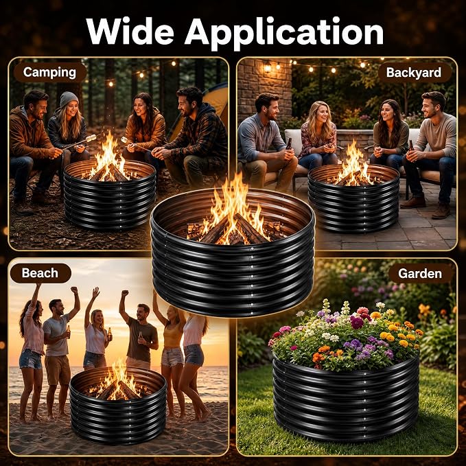 Jotesnew 48 inch Fire Pit Ring, 4x4x2FT Galvanized Fire Ring, Wood Burning Fire Pits Ring, Outdoor Fireplace Height 2FT, Round Camp Fire Ring, Bonfire Pit for Camping, Backyard (4x4x2FT)