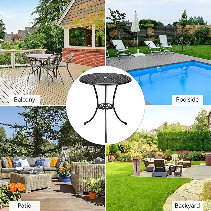 GarveeHome Patio Bistro Table, 24" Round Outdoor Coffee Table with 2" Umbrella Hole, Outdoor Cast Aluminum Bistro Table Side Table with Iron Frame for Balcony Backyard Lawn and Garden, Classic Black