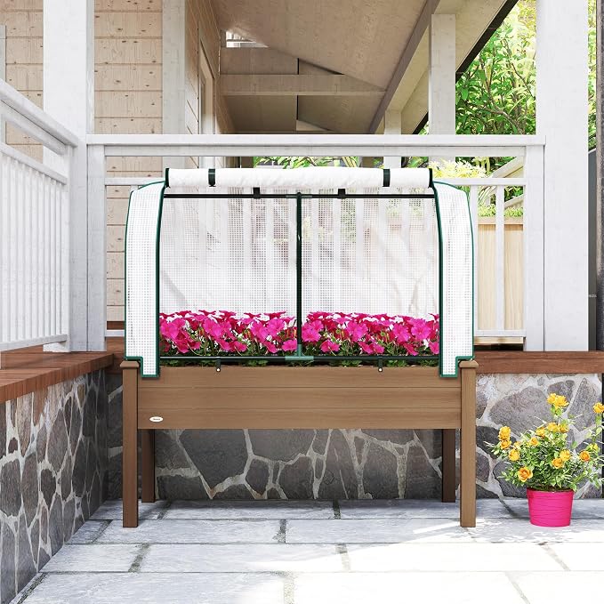 Outsunny Raised Garden Bed with PE Greenhouse Cover Outdoor Elevated Wood Planter Box for Herbs and Vegetables, Use for Patio, Backyard, Balcony, 48 x 22 x 46 inch, Brown