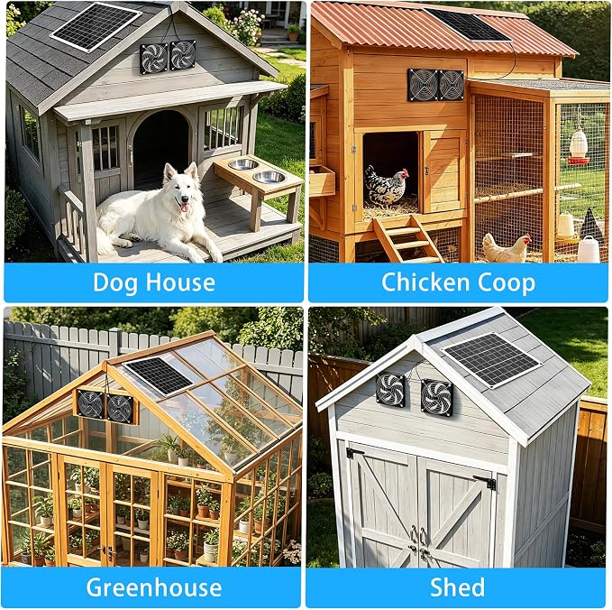15W Solar Powered Fan for Chicken Coop, Solar Panel Fan Ventilation Exhaust Kits for Greenhouse Outside Shed Doghouses Pet House, Included 2 IP65 Waterproof Fans