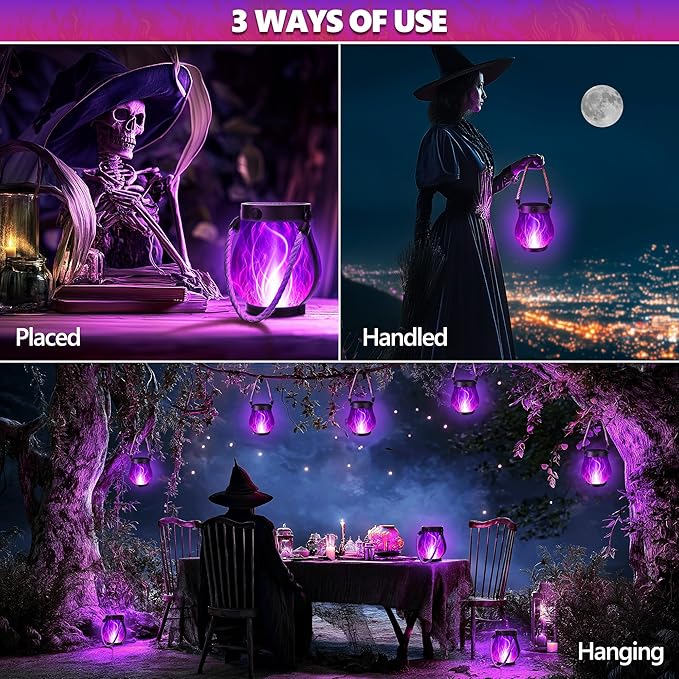 Jyoiat Solar Flame Lantern Hanging Outdoor Waterproof Purple - 2 Pack Flame Lanterns with Dual Charging Modes of Solar & USB for Garden or Yard Decorations (Purple - 2 Pack)