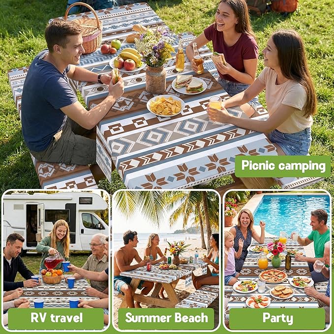 Fitted Picnic Table Cover with Bench Covers Fitted Rectangle Table Cloth Tablecloth Camping Gear Essentials Rv Accessories Road Trip Supplies Car Travel Must Have 8 Ft Foot Feet 96in Boho Bohemian