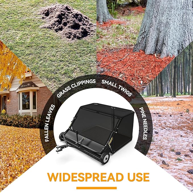 YINTATECH 50in Tow-Behind Lawn Sweeper, Heavy-Duty Garden Sweeper with 25 Cu. ft Hopper Bag, Leaf Grass Collector, Adjustable Brush Height, Anti-Splash Cover, Dumping Rope for Yard Lawn