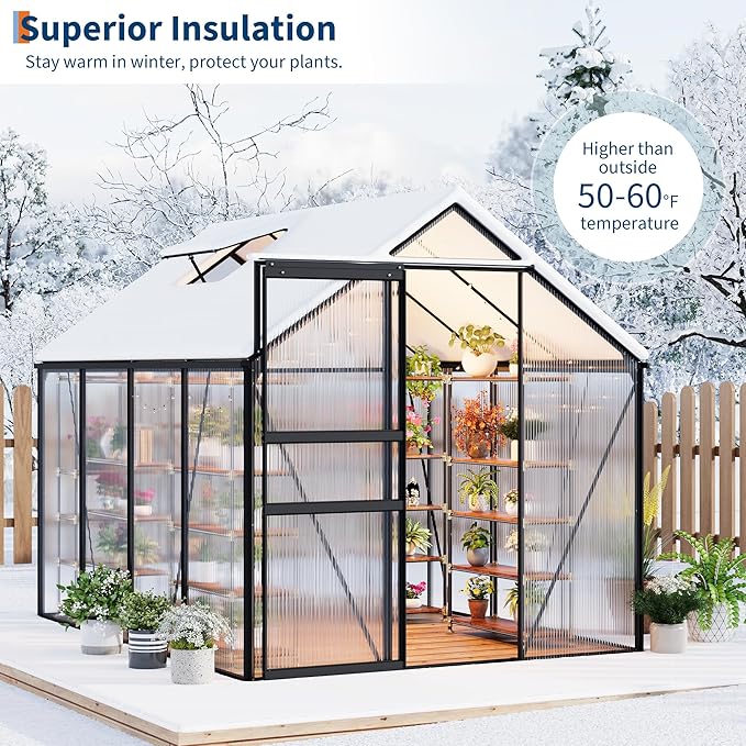 6x8FT Greenhouse for Outdoors, Walk-in Polycarbonate Greenhouse with Sliding Door, Adjustable Roof Vent & Gutter System, Portable Outdoor Green House Kit for Winter Gardening