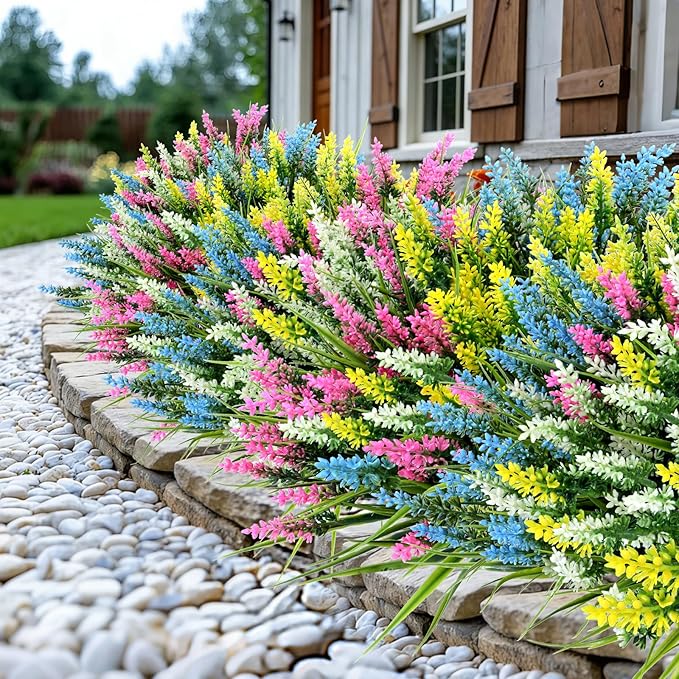 24 Bundles Artificial Lavender Flowers for Outdoor, UV Resistant Faux Plants with 4 Mixed Colors (Light Blue, White, Pink, Yellow), Realistic Fake Outdoor Flowers for Garden Porch Window Box Decor