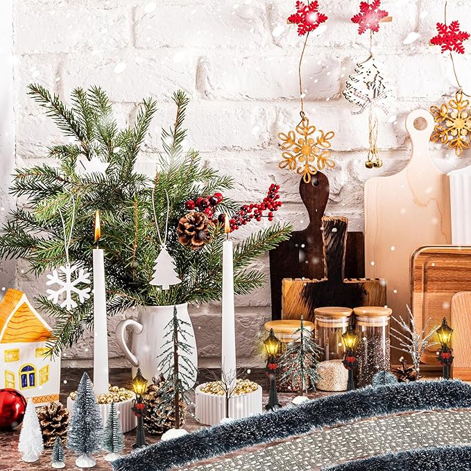 Hotop 18pc Christmas Village Accessories 47.2 Inch Village Roads Mini Snowy Trees Streets Light Lamppost Hedge Figurines Set for Display Winter Holiday Decorations DIY Crafts No Batteries(Exquisite)