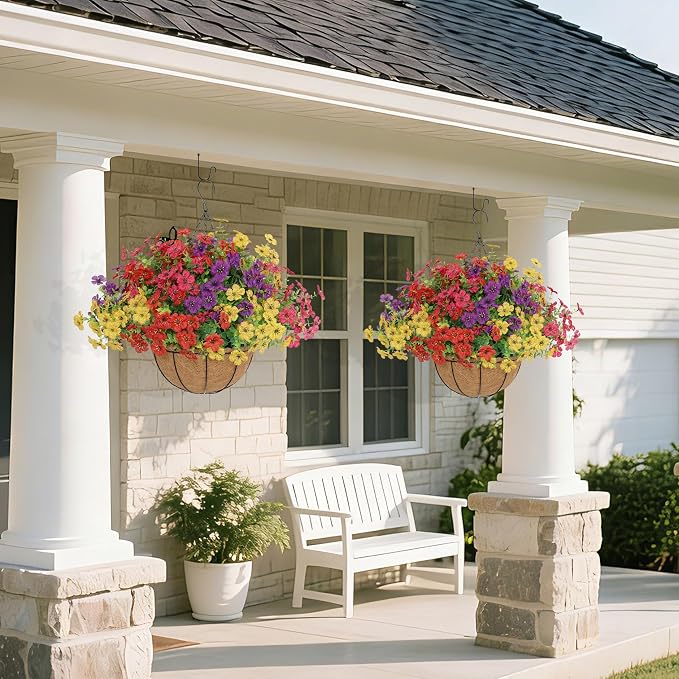 Senjie 4 Set Artificial Hanging Flowers with Basket for Outdoor Decor, UV Resistant 48 Bundles Faux Flowers Fake Hanging Planter for Porch Patio Balcony