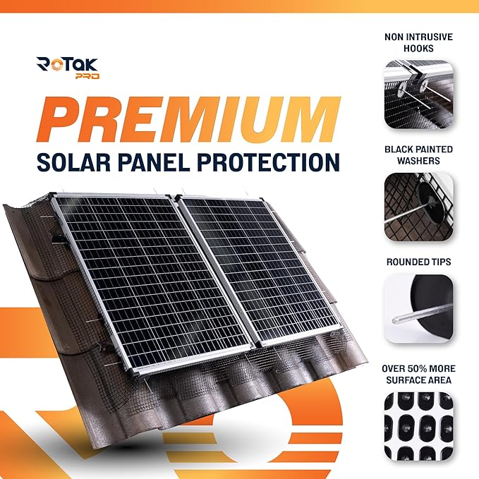 Rotak Critter Guard PRO - 8in x 100ft Solar Panel Bird Prevention Roll Kit with 100 Fastener Clips - Heavy Duty Galvanized Black PVC Coated ½ inch Wire Roll Mesh (8" PRO + 100 Clips)