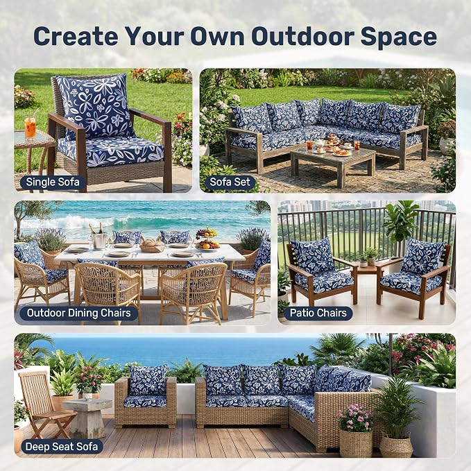 UNIKOME Outdoor Seat Cushions 24 X 24 Inch - Water-Resistant & Fade Resistant, Removable Cover Patio Furniture Cushions for Chair, Sofa, Couch, Wicker, NavyBlue/White