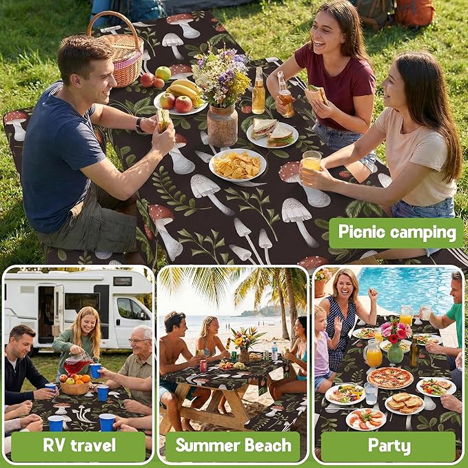 Picnic Table Cover with Bench Covers Waterproof Elastic Rectangle Furniture Fitted Table Cloth Tablecloth Glamping Camp Camper Camping Essentials Outdoor Road Trip Rv Car Travel Vacation Canping Gear