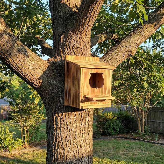 Owl House Bird House for Outside - 14.2×12×7.5 Inch Screech Owl Nesting Box, Owl-Shaped Entrance, Wooden Bird Box, Easy to Install, Ideal for Backyard Birding & Wildlife | Owl-Shaped Entrance, Wooden Bird Box, Easy to Install, Ideal For Backyard Birdin...