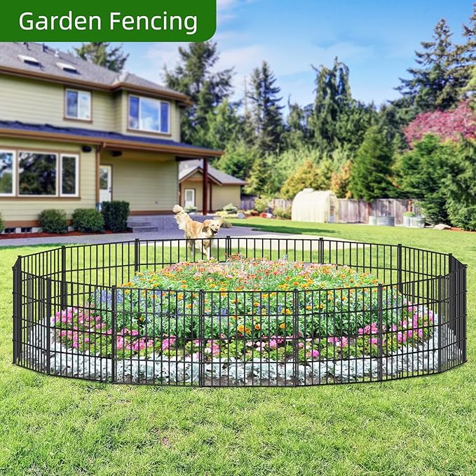 FOREHOGAR Metal Garden Fence 28in (H) x 35ft (L), 15 Panels + 16 Stakes Dog Fence Border Fence Animal Barrier, No Dig Garden Fencing for Yard Flower Bed Lawn Patio Outdoor, PIN282815 Black