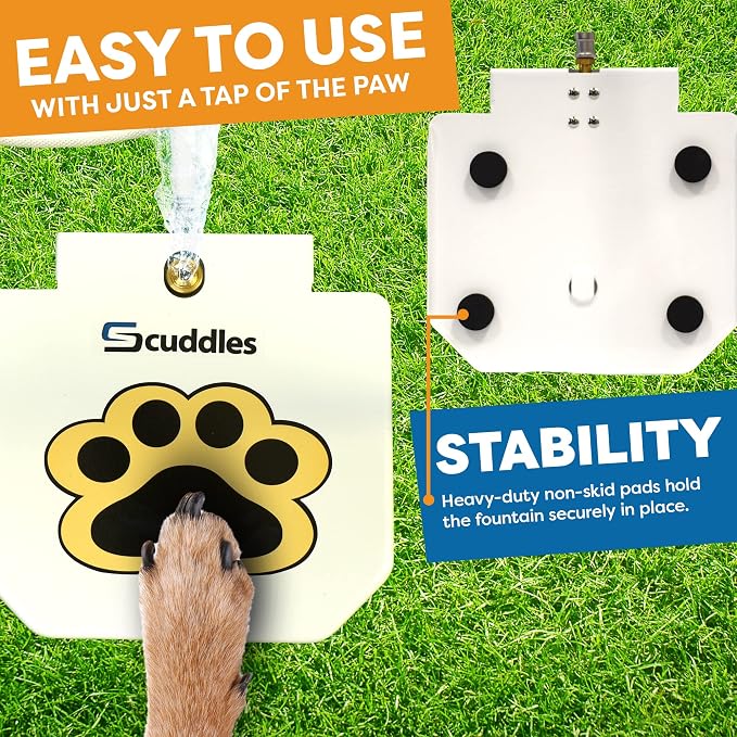 Scuddles Outdoor Dog Water Fountain – Step-On Dog Sprinkler Toy with Stainless Steel Hose, Brass Valve & Non-Slip Base – Automatic Pet Water Dispenser for Dogs, Easy to Use & Clean