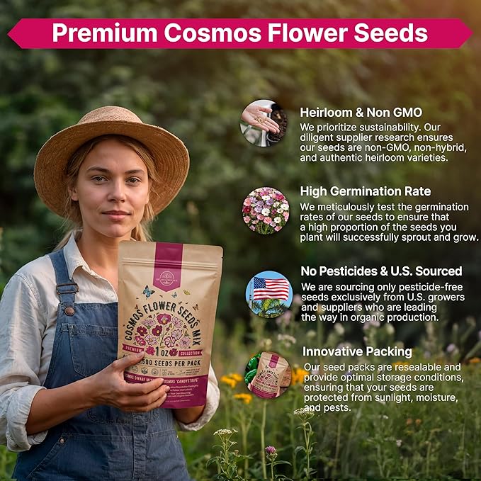 Cosmos Flower Seeds Pack 1 oz - 4,500 Non-GMO Heirloom Annual Seeds for Planting Indoor & Outdoor Gardening, Flower Seed for Garden in Resealable Packet, Floral Mix for Pollinators Perennial Mix