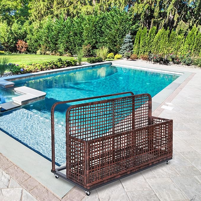 Outdoor Storage Basket, 43.3" x 22.5" x 28.7" Poolside Float Storage, All-Weather PE Rattan Pool Float Caddy With Wheels, for Patio, Poolside, Backyard, Floaties, Life Vests, Beach Balls
