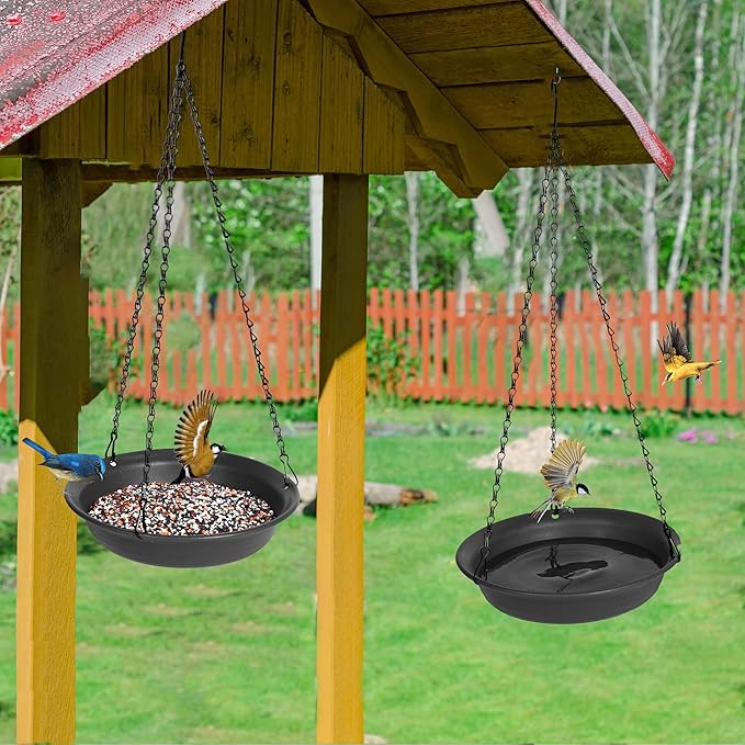 VUWEZ Hanging Bird Bath, Hanging Bird Water Feeder for Outdoors, Feeder Bowl, 1 Pack Birdbath Tray Accessories for Outside, Plastic Birdbaths Tray for Garden Patio Decoration (10", Dark Black)