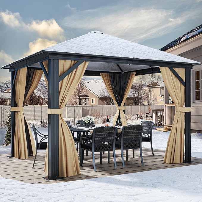 DWVO 10x10ft Gazebo Polycarbonate Hardtop Outdoor Canopy with Netting and Shaded Curtains, Single Roof Garden Tent for Patio, Backyard, Deck and Lawns, Brown