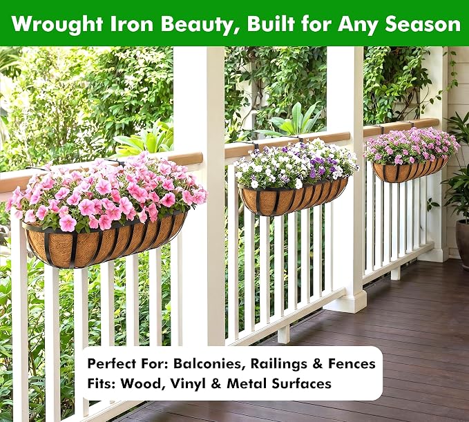 Y&M Window Planter Box Iron Deck Planters – Heavy Duty Steel Flower Troughs with Coco Liner, Adjustable Hanging Brackets for Balcony, Patio, Porch & Garden-30in 4Pcs