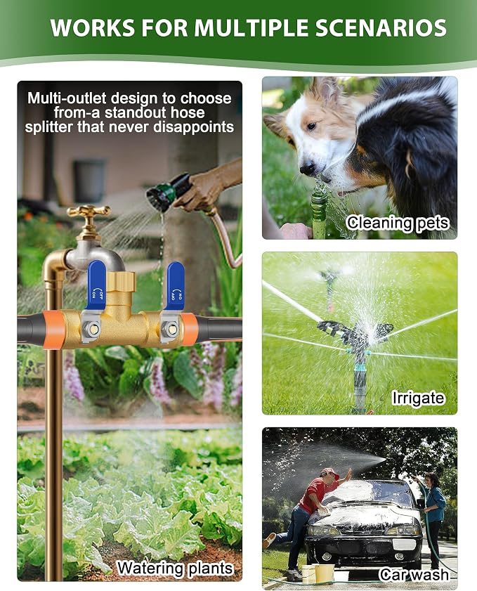Hose Splitter 2 Way, Heavy Duty Brass Garden Hose Splitter | 0.59" Full Flow Ball Valve Outlet, Shut-Off Valve, 3/4" GHT Thread Water Hose Connector For Outdoor Spigot Faucet (Blue)