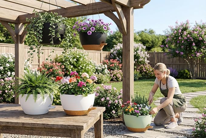 Hanging Planters, 3-Pack 10 Inch Self-Watering Pots with Drainage Holes and Chains, Matte Plastic Planters for Indoor/Outdoor Plant(Black)