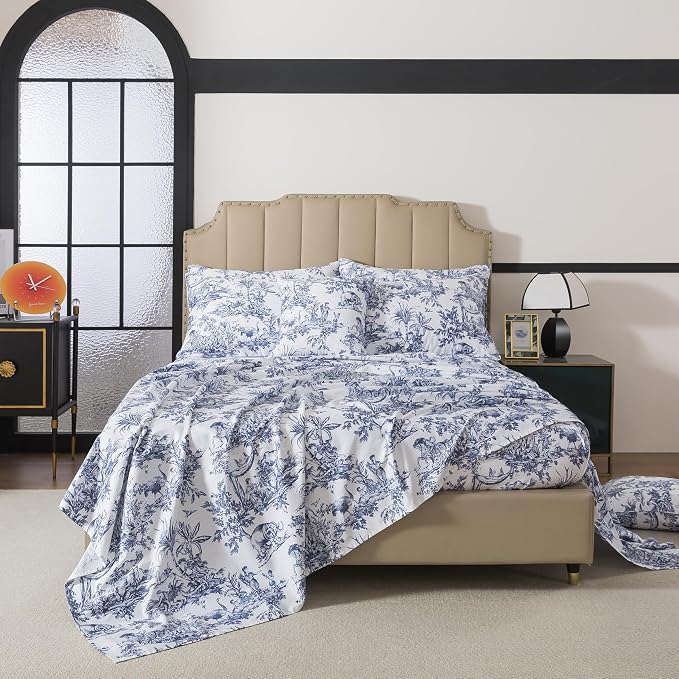 FADFAY Toile Sheet Set Cal King Classic Blue & White 100% Egyptian Cotton French Country Bedding Toile de Jouy Pastoral Scenic Farmhouse Bedding Deep Pocket Sheets Breathable Soft for All Seasons 4Pc