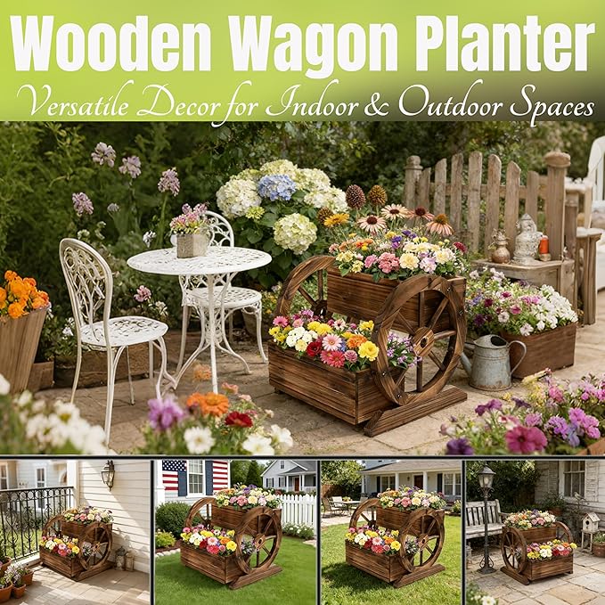 2 Tier Classic Wooden Wagon Planter Box|Outdoor Planter/Flower Pot for Indoor&Outdoor Plants-Rustic Garden Planter for Patio,Porch&Garden Decor- Raised Garden Bed for Succulents,Herbs,Vegetables