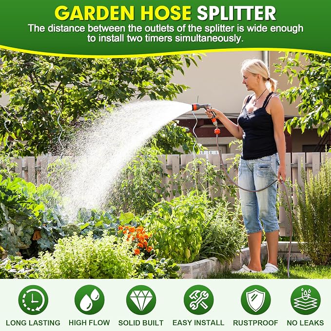 Hose Splitter 2 Way, Brass High Flow Garden Hose Splitter Heavy Duty, Hose Connector, Water Spigot Splitter, Full Flow Faucet Splitters with shutoff, 3/4” GHT Inlet