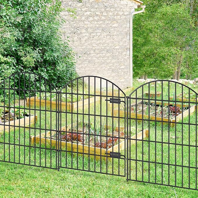 FOREHOGAR Metal Garden Fence with Gate 36in (H) x 11.7ft (L), 1 Gate+ 4 Panels Dog Fence Border Fence Animal Barrier, No Dig Garden Fencing for Yard Flower Bed Lawn Patio Outdoor, ECG3505, Black