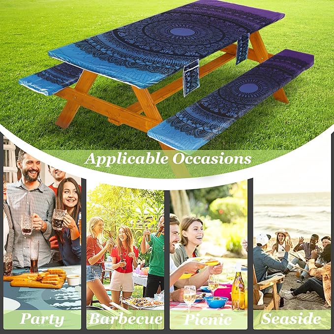 Picnic Table Cover with Bench Covers Vinyl Elastic Edges Fitted Rectangle Seat Tables Waterproof 3-Piece72X30in Set Outdoor Rectangular Folding Backing Tablecloth for Camping Over Size