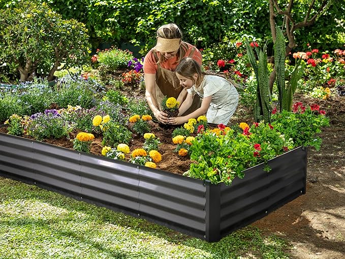 Plant & Plot Galvanized Raised Garden Beds Outdoor // 8×4×1 ft Planter Raised Beds for Gardening, Vegetables, Flowers // Large Metal Garden Box // Patented Tool-Free Design (Dark Gray)