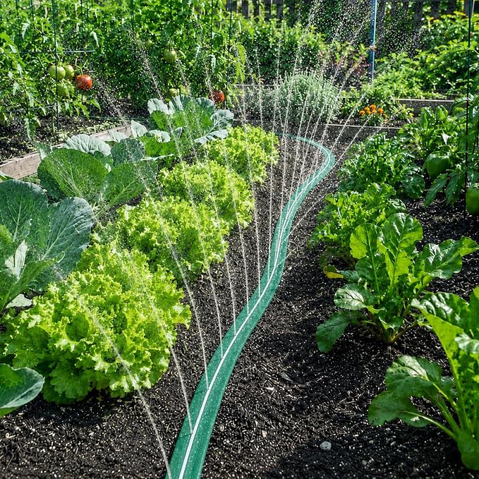 MIXC Reinforced Sprinkler Hose with Holes, 100FT (25FT×4 Pack) No-Kink Heavy Duty Flat Sprinkler Soaker Hose with Stakes & Splitters, Drip Irrigation Garden Hose for Lawn, Yard, Vegetable & Flower Bed