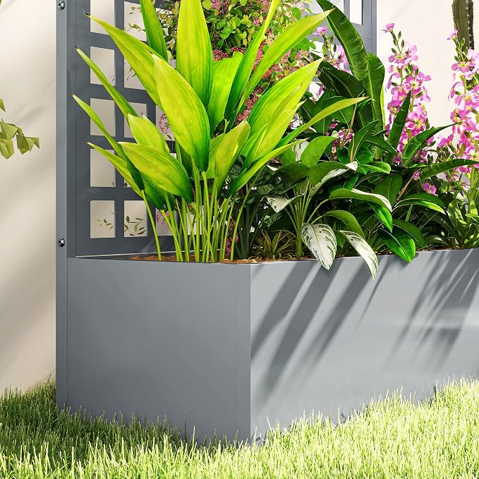 Outsunny Galvanized Raised Garden Bed with Trellis, Metal Planter Box with Drainage Holes, Outdoor Privacy Screen for Climbing Plants, Vegetable, Vines, 43" x 16" x 70", Gray Wood Effect