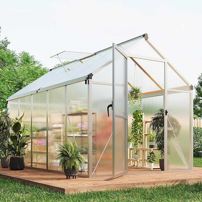 6X10 FT Greenhouse for Outdoors, Polycarbonate Greenhouse with Roof Vent, Ground Nails, Lockable Push Door, Aluminum Large Walk-in Green House for Outside Garden Backyard, Patio, Lawn, Silver