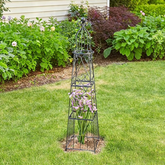 51-Inch Vintage Metal Garden Obelisk Trellis - Sturdy Climbing Plant Support for Roses, Bougainvillea, Vines & Potted Plants - Elegant Design for Gardens & Patios