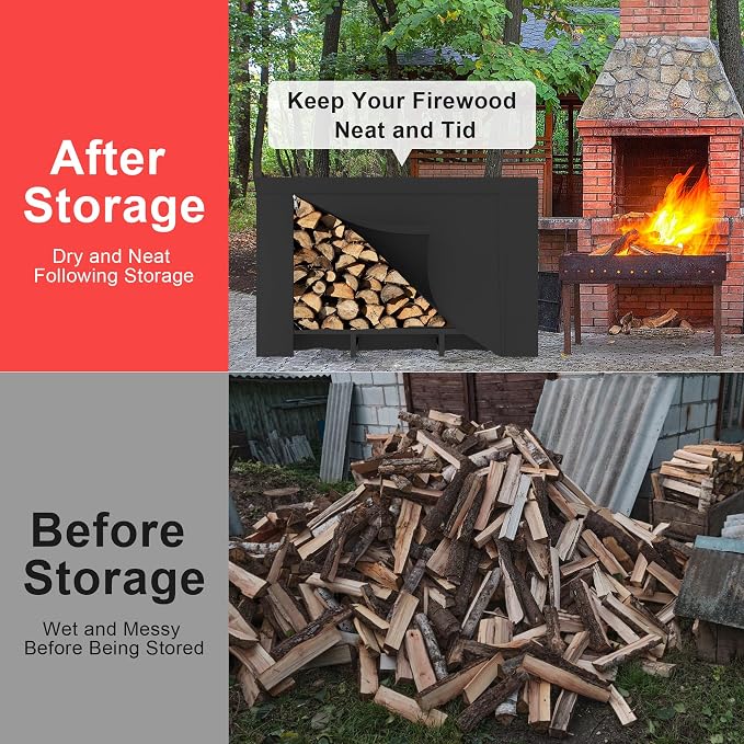 DIAMONDFORGE 4ft Firewood Rack Outdoor with Cover, Heavy Duty Fire Wood Stand, Metal Firewood Rack Indoor, Firewood Holder Storage, Log Wood Pile Racks Stand for Patio, Garden, Backyard, Matte Black