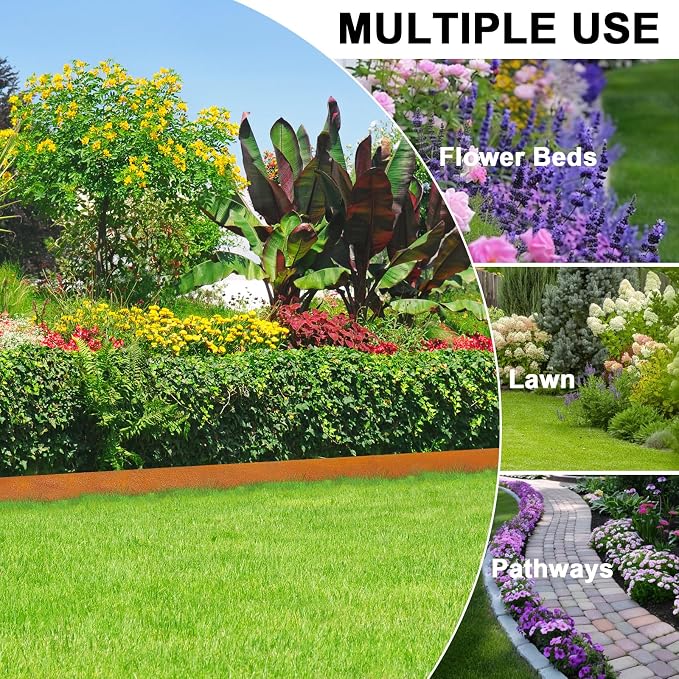 Hugeleaf 4.5 Inch Pre-Rusted Cor-Ten Steel Landscape Edging with 11 Pcs Metal Clips, Hammer-in Heavy Duty Metal Edging Pack of 10 (33 Feet Total Length) -Edge for Lawn Garden Yard