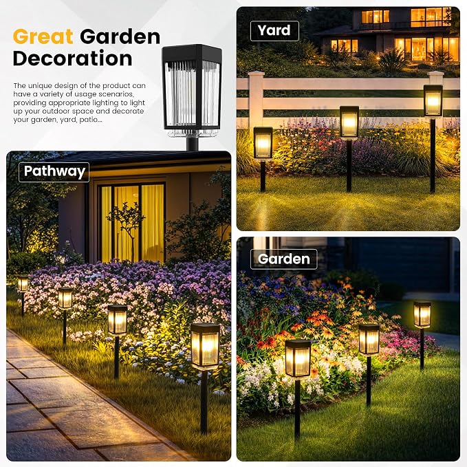 Solar Pathway Lights, 8 Pack Solar Powered Garden Lights Waterproof IP65, 3 Brightness Modes 10-40 LM Outdoor Light for Lawn Patio Walkway Driveway Decor Landscape Lighting (Warm White)