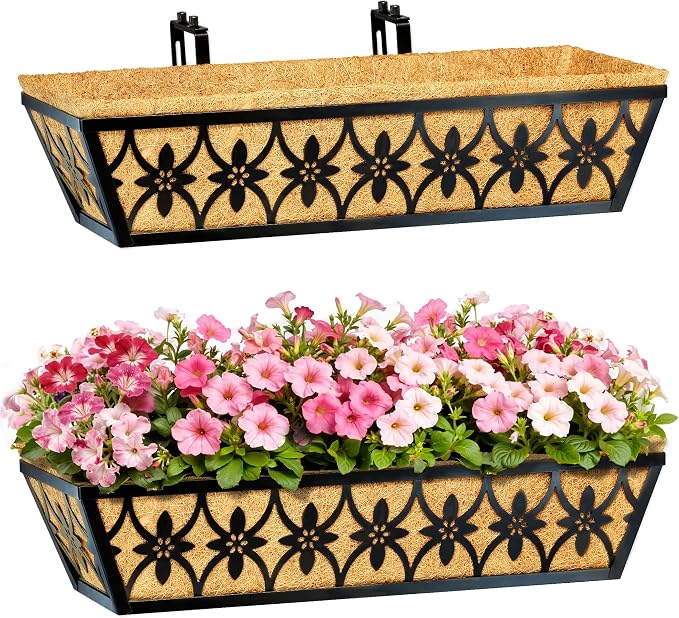 24 Inch Window Boxes Planters Railing Planter Box - 4 Pack Deck Railing Planter Boxes with Adjustable Brackets Coco Liners Balcony Planters Railing Hanging for Window Flower Boxes Outdoor Garden Decor