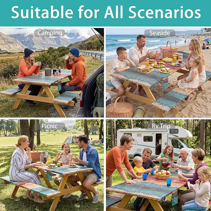 Fitted Waterproof Picnic Table Cover with Bench Covers Heavy Duty Elastic Outdoor Camping Tablecloth for 8 Foot Rectangle Tables Summer Rv Accessories Patio Garden Road Trip Essentials Gifts