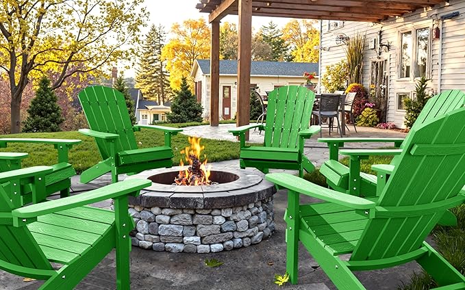 YEFU Adirondack Chairs Set of 4: Outdoor Chair HIPS Plastic Adirondack Chairs - Patio Chairs with Wood Texture - Lawn Fire Pit Deck Porch Garden Chairs for Adults (Lime)