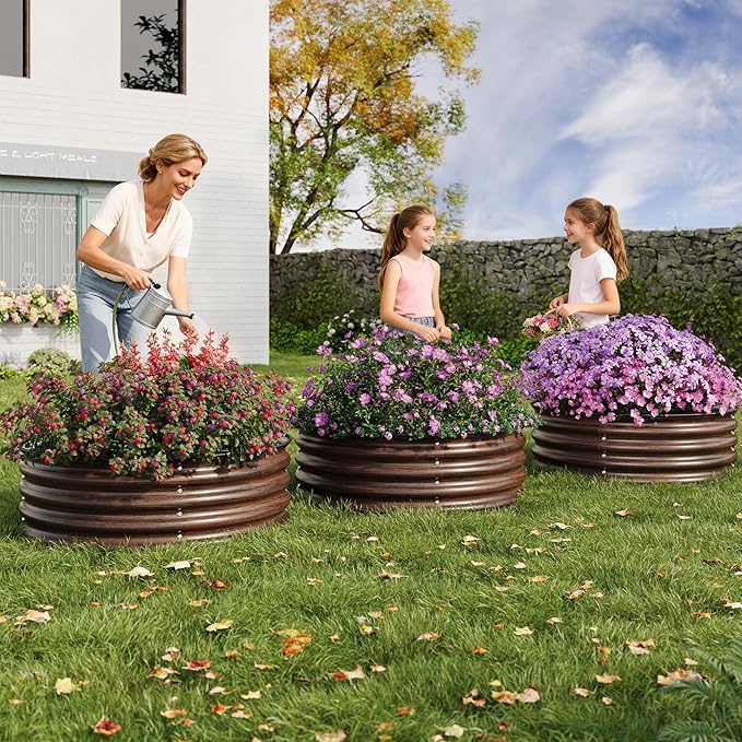 Garvee Round Raised Garden Bed, 1PCS 2 x 1ft Galvanized Raised Boxes with Rust-Resistant, Easy Assembly, Safe Edge, Metal Garden Bed Kit for Planting Vegetables, Fruits, Flowers, Wood